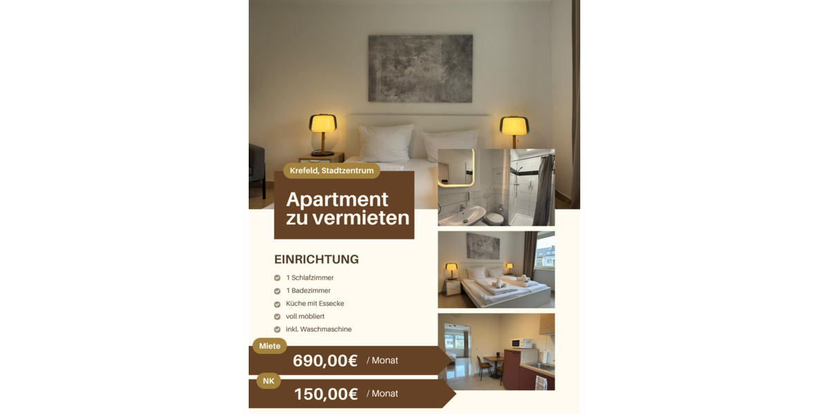 Etagenwohnung Krefeld - 1 Zimmer, 29 m&sup2;, 690&euro; | Angebot:25956663