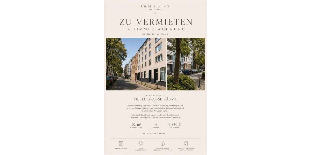 Etagenwohnung Düsseldorf Stadtbezirk 3 - 4 Zimmer, 102 m&sup2;, 1.850&euro; | Angebot:26834192