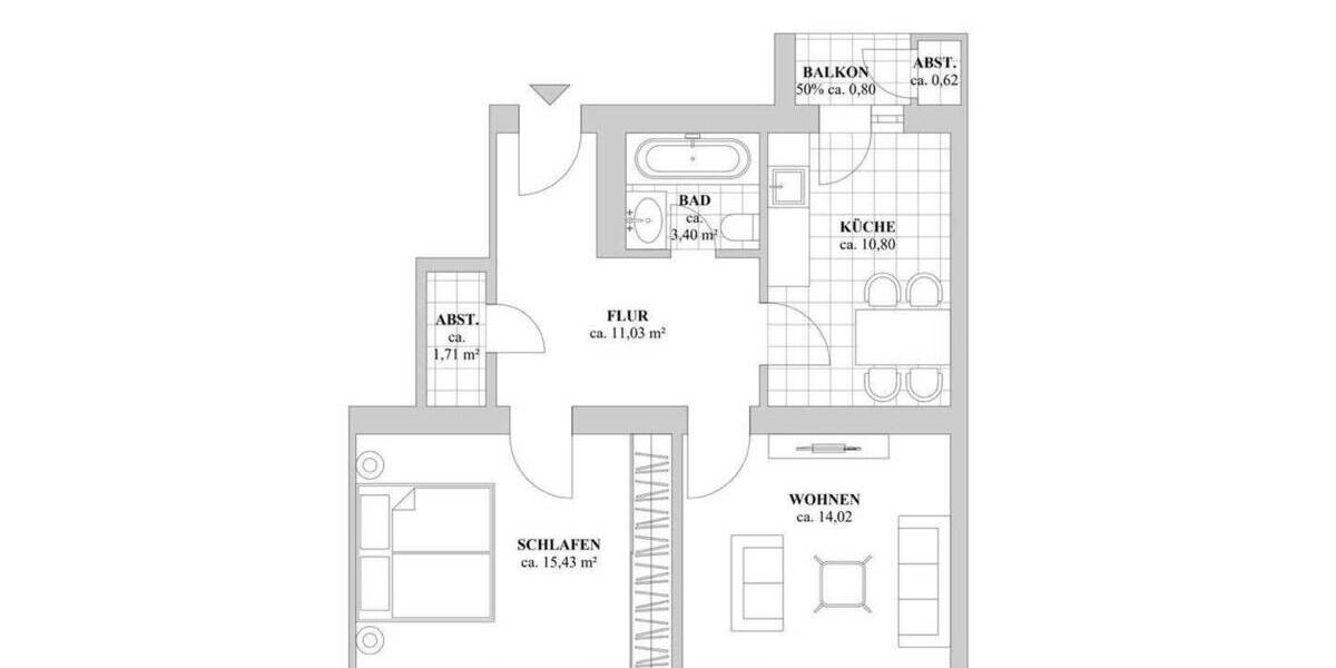 Etagenwohnung Düsseldorf Pempelfort - 2 Zimmer, 57 m&sup2;, 259.000&euro; | Angebot:25898534